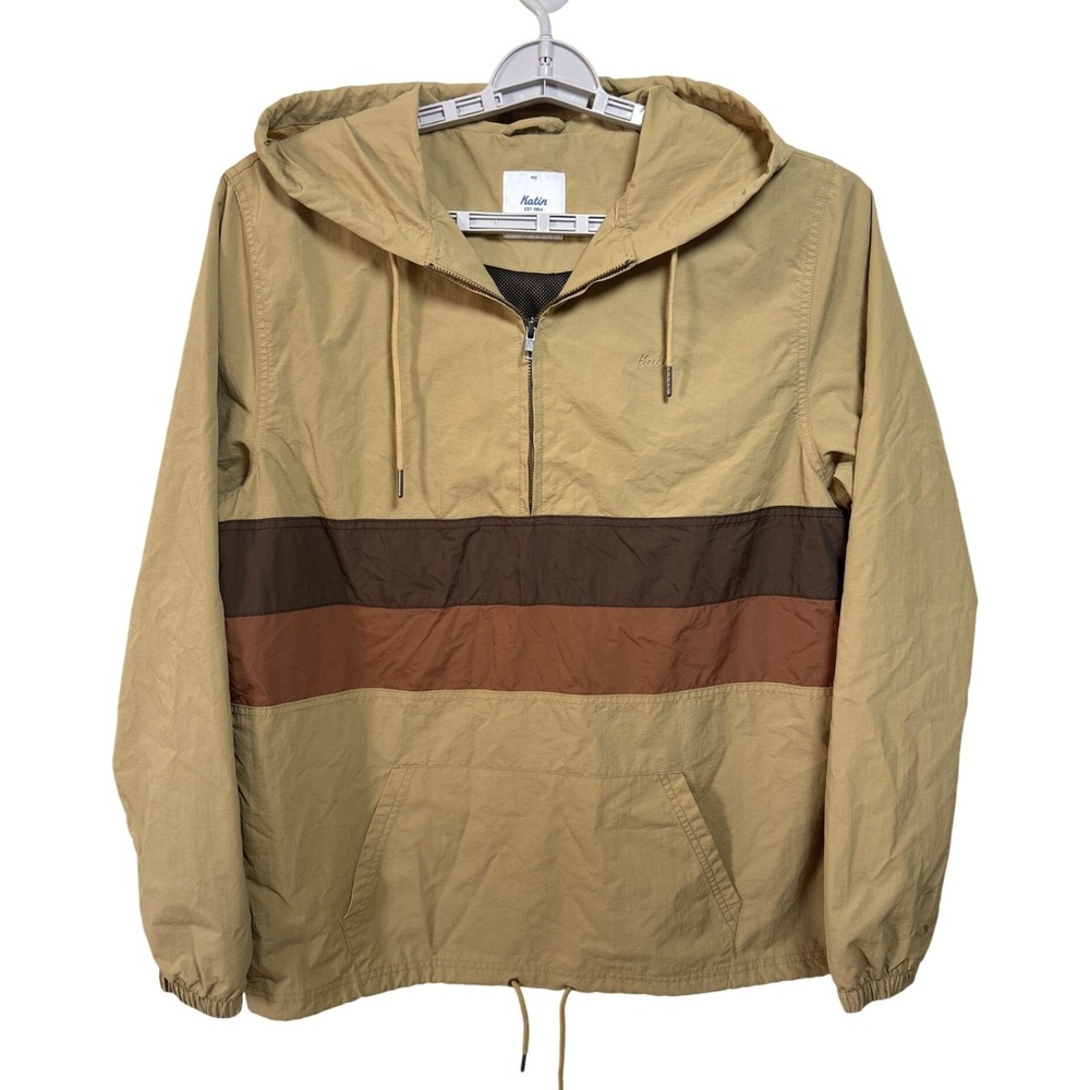 Katin Sunline Jacket Size Medium Pullover Nylon Shell Brass Tan Stripe‎ 1/4 Zip